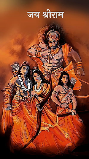 Illustration of Lord Hanuman, Rama, Sita, and Lakshmana in vibrant orange attire from the Ramayana, Jay Shree Ram, art, painting, lord, shree_ram, hanuman, god HD phone wallpaper