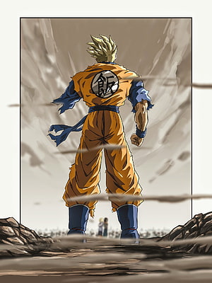 Goku Super Saiyan Back View in Orange Gi Standing on Rocky Terrain HD phone wallpaper