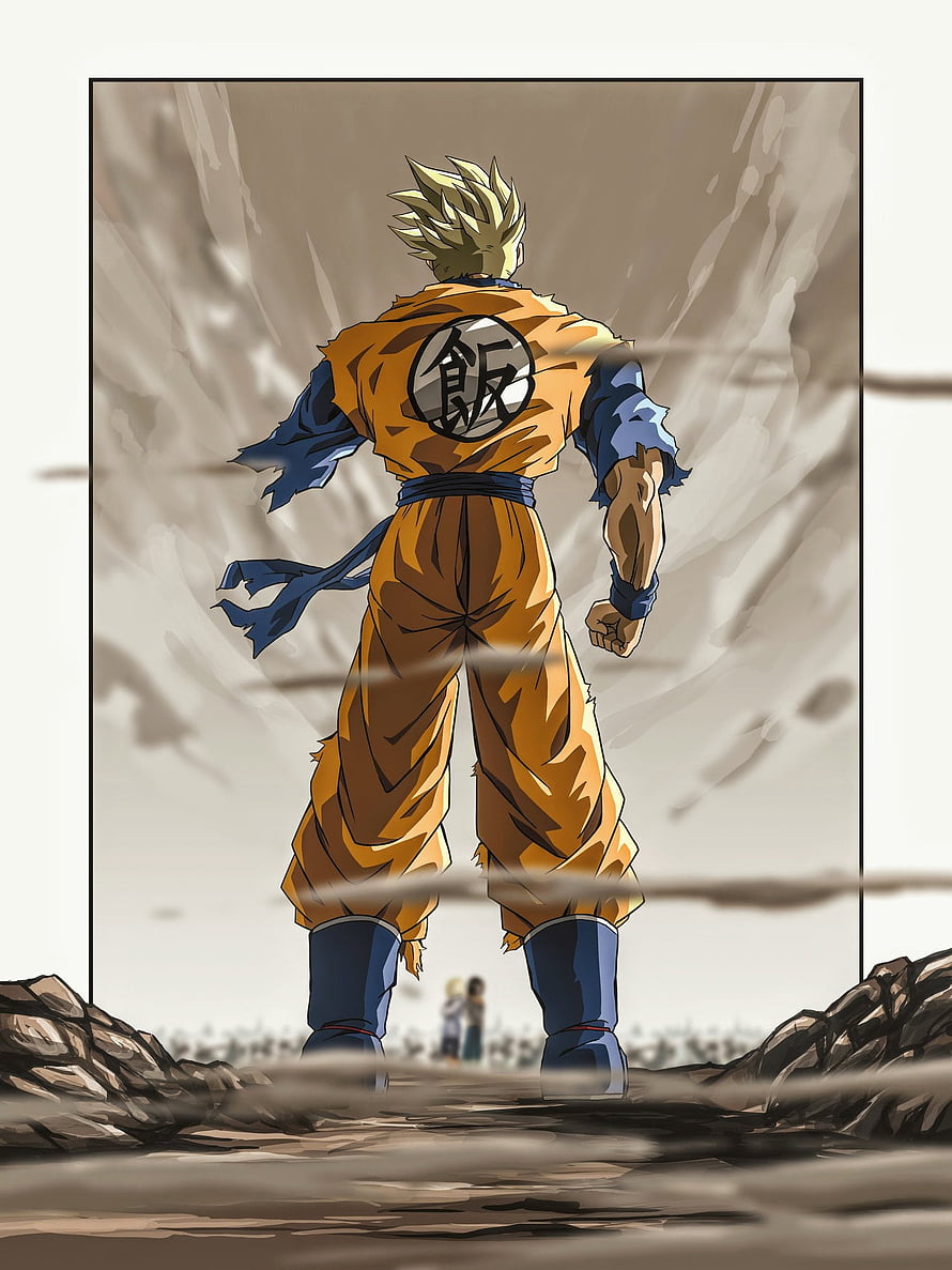 Goku Super Saiyan Back View in Orange Gi Standing on Rocky Terrain HD phone wallpaper