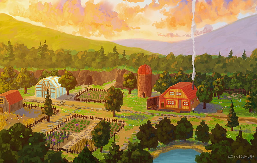 Stardew Valley Farmhouse and Greenhouse at Golden Hour with Rolling Hills HD wallpaper