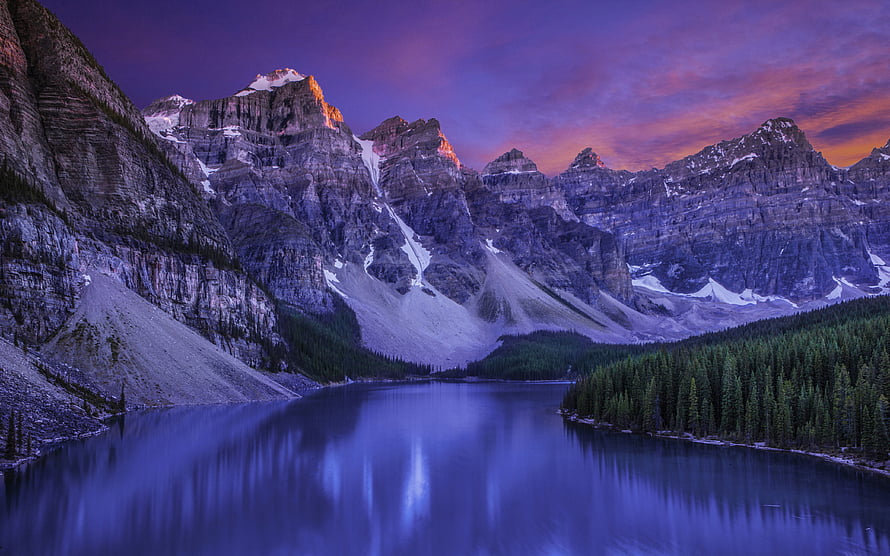 Lake Moraine at Twilight in Banff National Park with Snow-Capped Mountains and Pine Forest HD wallpaper