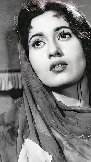 Vintage Black and White Portrait of a Woman with a Scarf, Madhubala, bollywood actress, vintage HD phone wallpaper