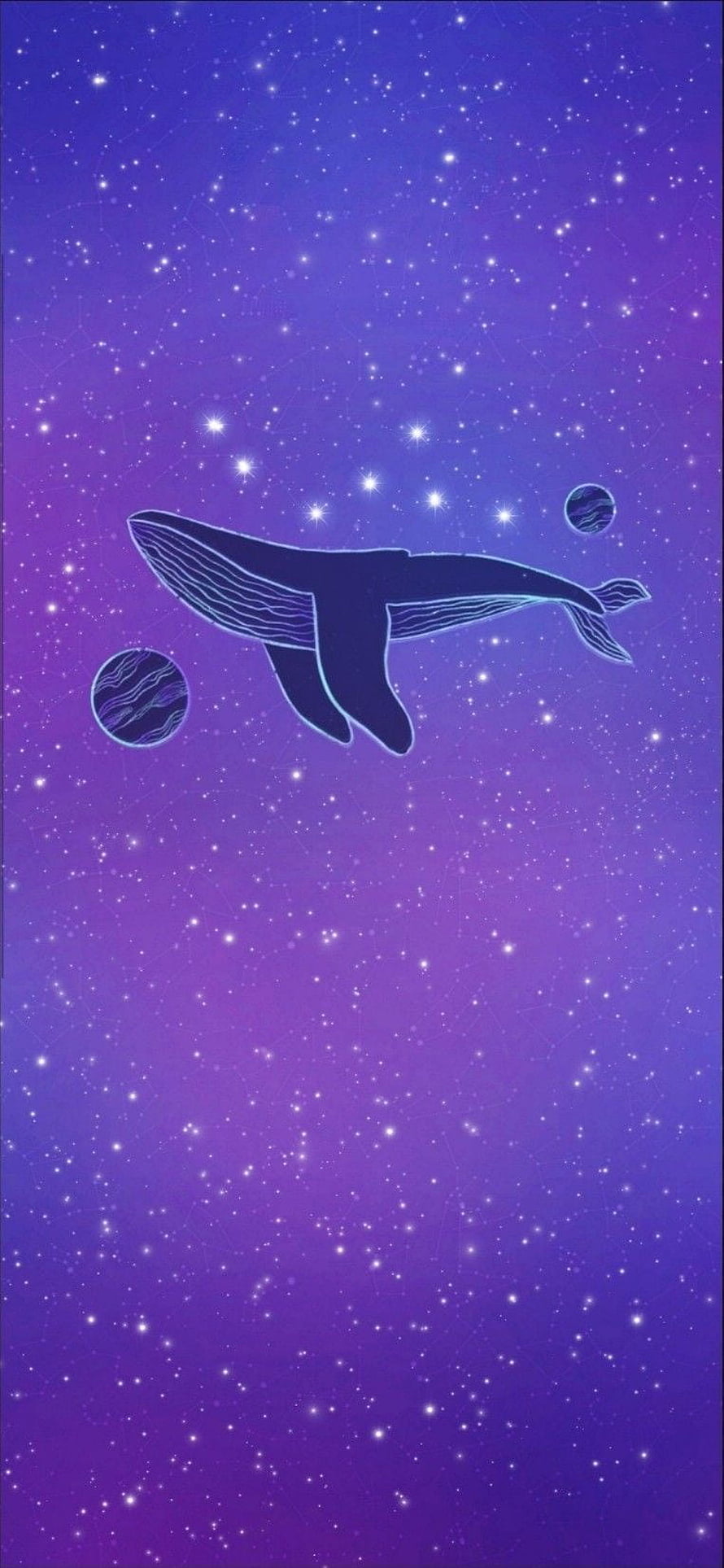 Stylized Whale Swimming Through a Purple Starry Night Sky with Planets HD phone wallpaper