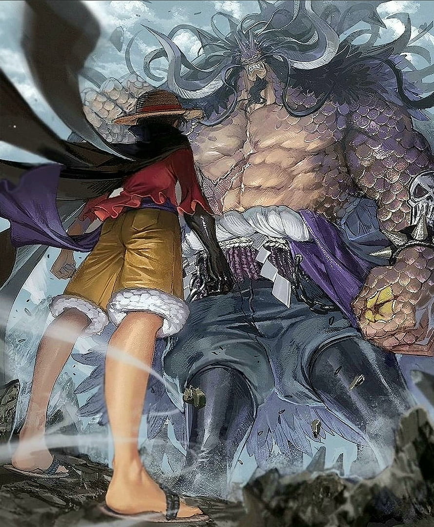 Luffy Confronts Kaido in Epic Dragon Form Battle from One Piece HD phone wallpaper