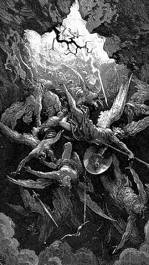 Gustave Doré Engraving of Fallen Angels in a Chaotic Celestial Battle HD phone wallpaper