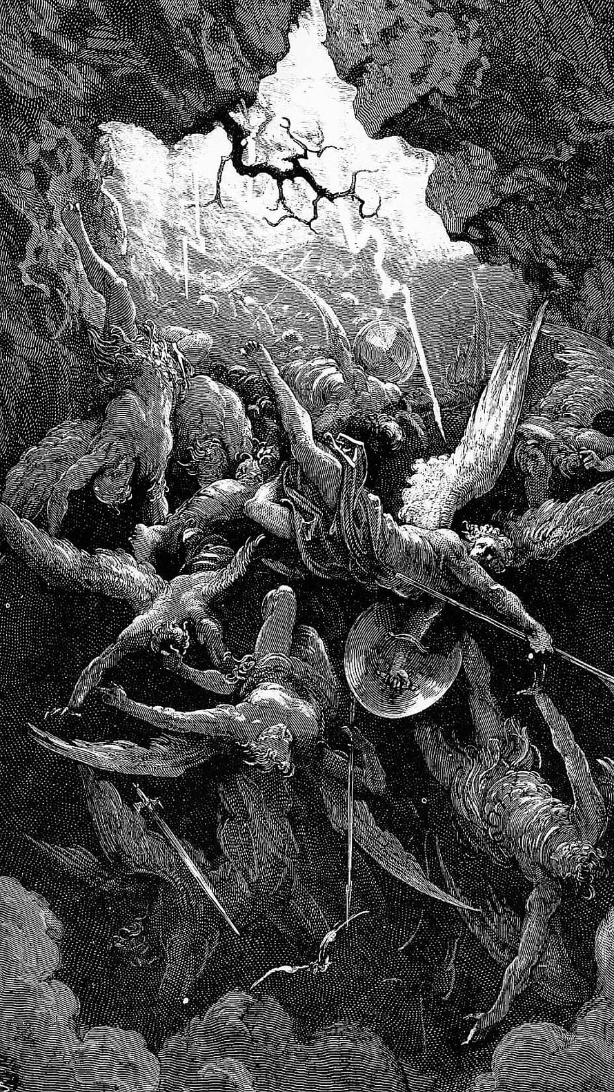 Gustave Doré Engraving of Fallen Angels in a Chaotic Celestial Battle HD phone wallpaper