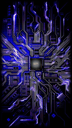 Glowing Blue Circuit Board with Central MediaTek Helio Processor and Electric Traces HD phone wallpaper