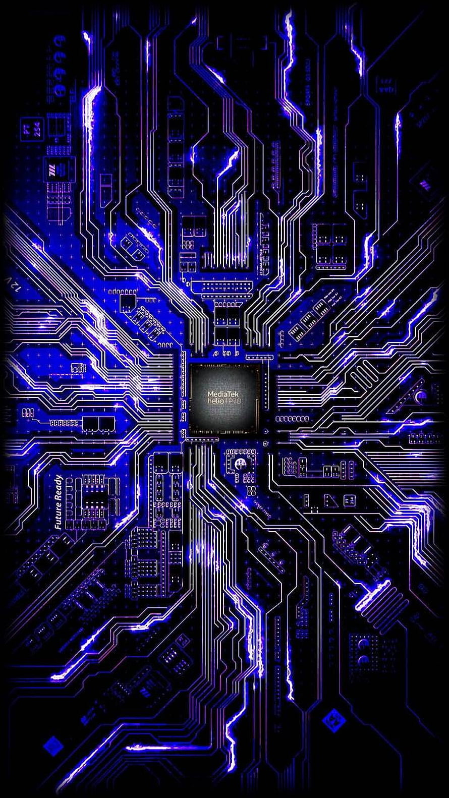 Glowing Blue Circuit Board with Central MediaTek Helio Processor and Electric Traces HD phone wallpaper