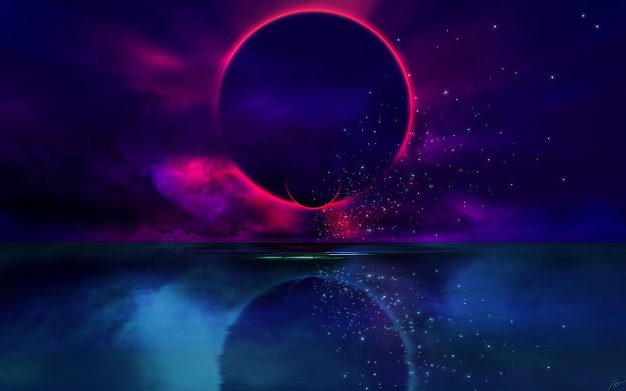 Mystical Solar Eclipse Over Calm Ocean With Purple Nebula And Starry Sky Reflection HD wallpaper