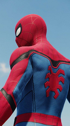 Spider-Man Far From Home Suit Back View Against Blue Sky, Spiderman, Avengers HD phone wallpaper