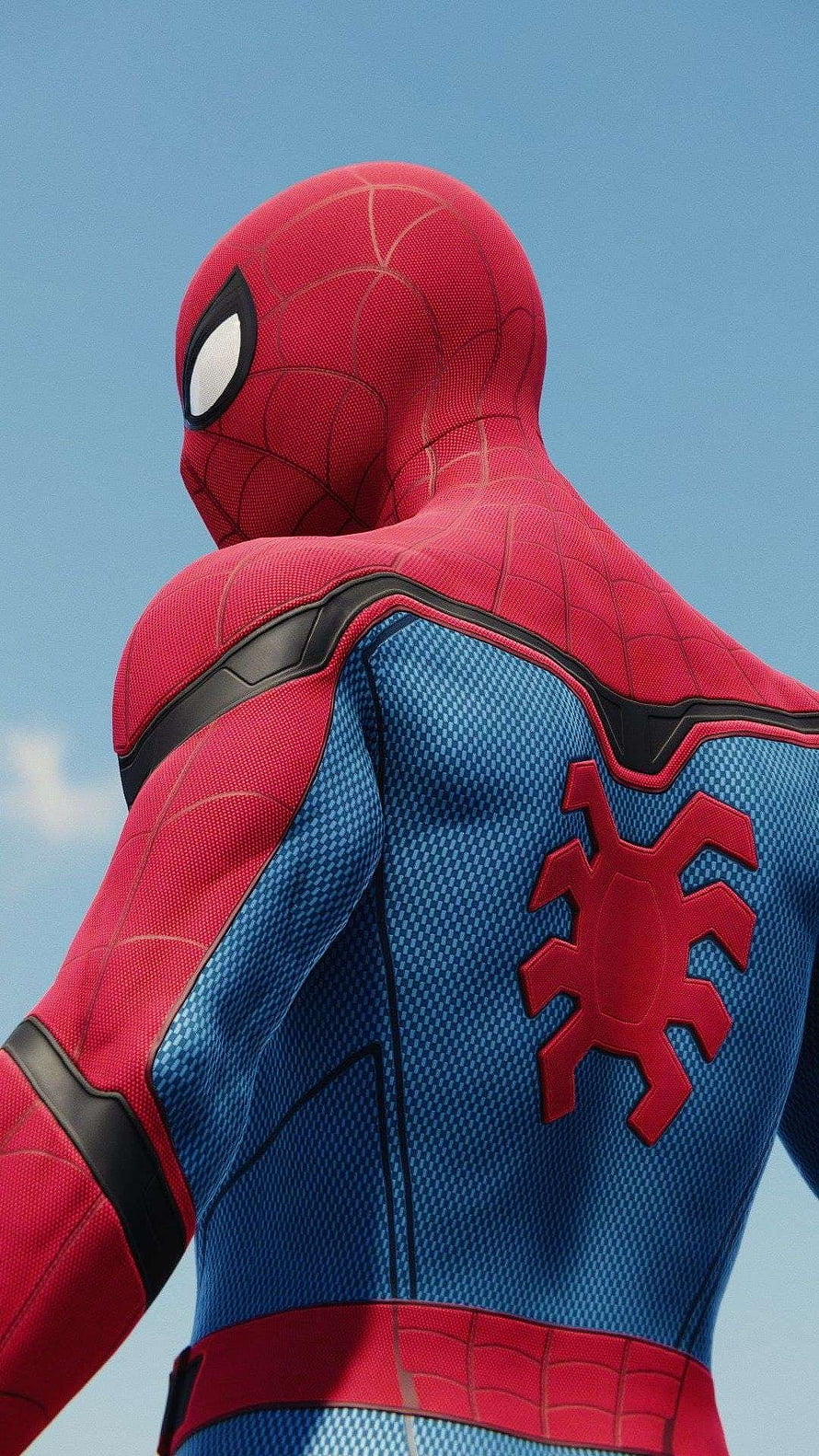 Spider-Man Far From Home Suit Back View Against Blue Sky, Spiderman, Avengers HD phone wallpaper