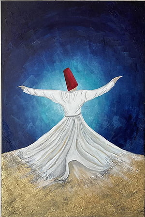 Whirling Dervish in White Robe and Red Hat Against Deep Blue Background HD phone wallpaper