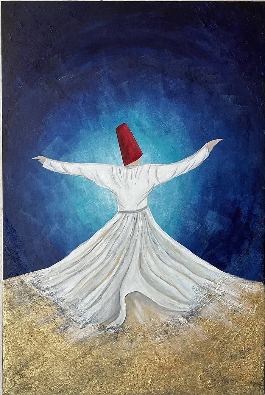 Whirling Dervish in White Robe and Red Hat Against Deep Blue Background HD phone wallpaper
