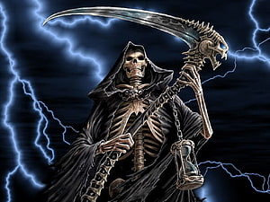 Grim Reaper Skeleton Holding Scythe and Hourglass in Lightning Storm HD wallpaper