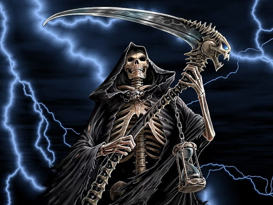 Grim Reaper Skeleton Holding Scythe and Hourglass in Lightning Storm HD wallpaper