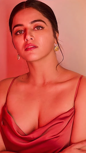 Wamiqa Gabbi Portrait in Red Satin Dress with Gold Earrings HD phone wallpaper