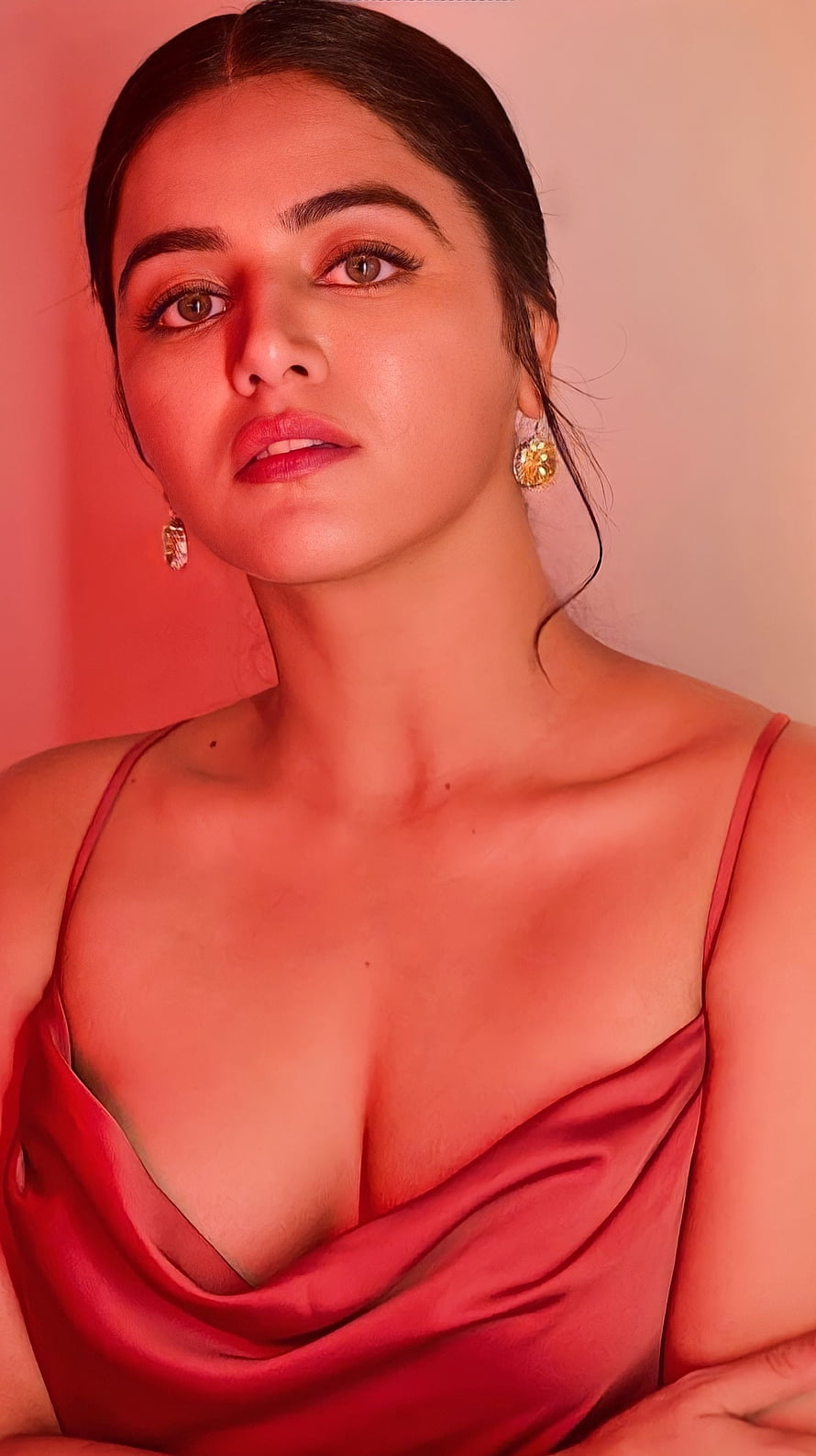 Wamiqa Gabbi Portrait in Red Satin Dress with Gold Earrings HD phone wallpaper
