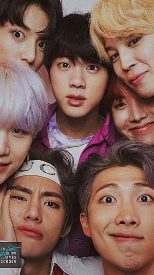 BTS Group Portrait Close-Up with The Late Show with James Corden Logo HD phone wallpaper
