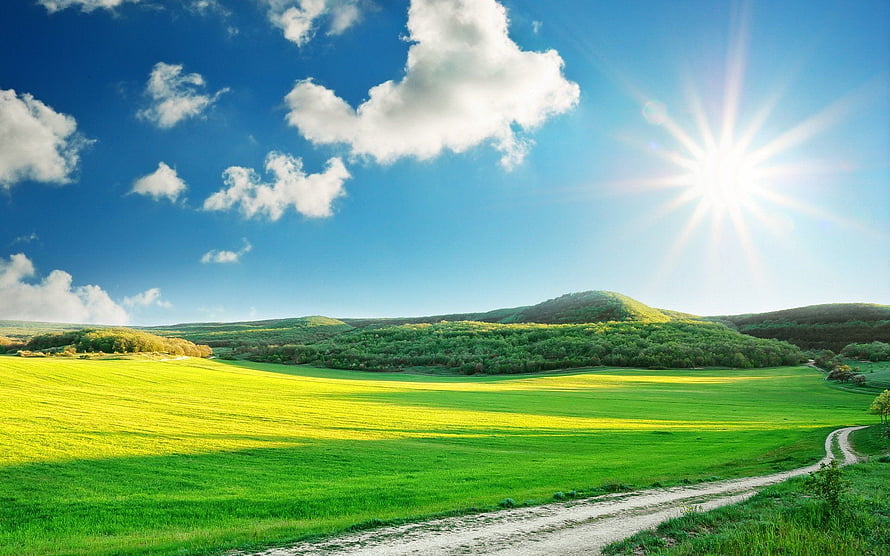 Vast Green Pasture Under Bright Sun With Rolling Hills And Blue Sky HD wallpaper