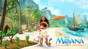 Moana holding a paddle on a tropical beach with Pua and Heihei near a voyaging canoe HD wallpaper