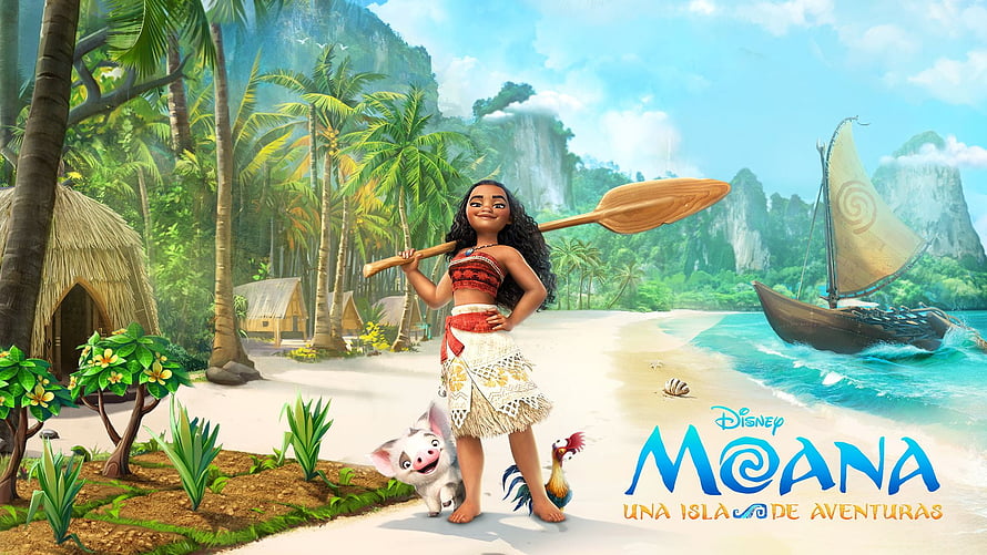 Moana holding a paddle on a tropical beach with Pua and Heihei near a voyaging canoe HD wallpaper