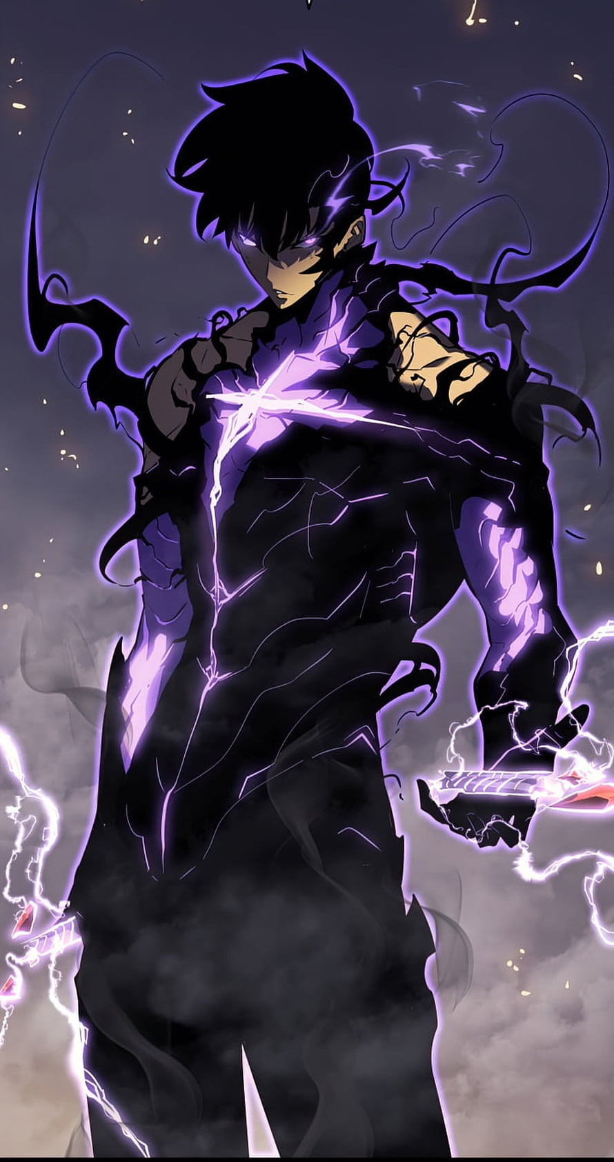 Dark Anime Male Character With Purple Lightning Aura And Glowing Eyes HD phone wallpaper