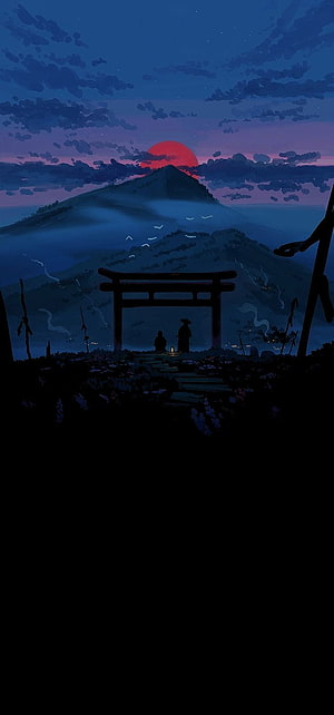 Anime Style Torii Gate at Sunset with Red Moon and Mountain Landscape HD phone wallpaper