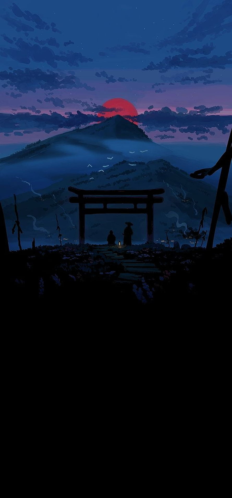 Anime Style Torii Gate at Sunset with Red Moon and Mountain Landscape HD phone wallpaper