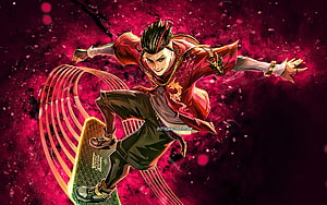 Dynamic Anime Character Skateboarding with Red Energy Trails and Fiery Background HD wallpaper