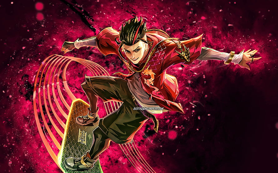 Dynamic Anime Character Skateboarding with Red Energy Trails and Fiery Background HD wallpaper