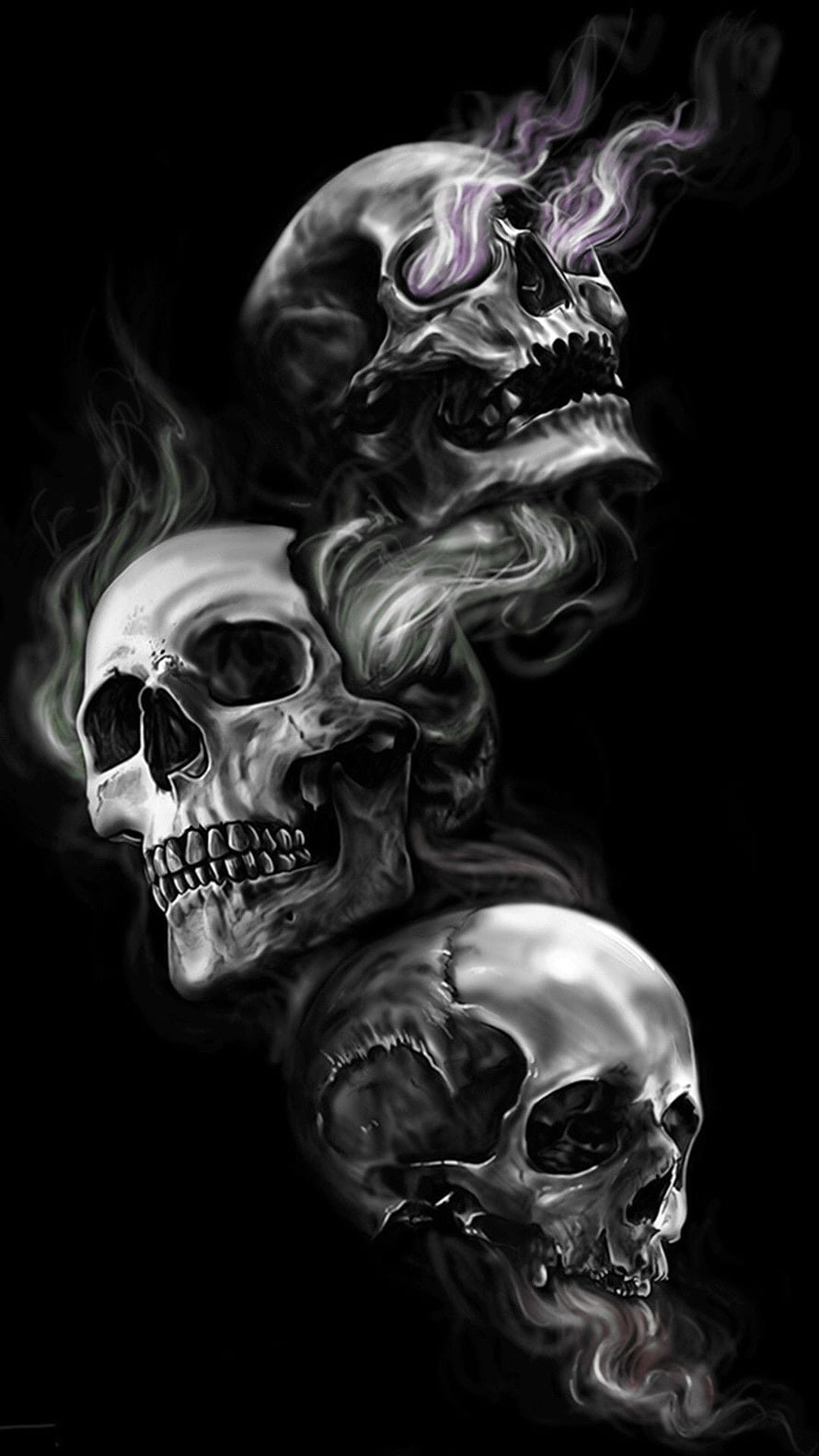 Dark Artistic Illustration of Three Smoky Skulls with Purple and Green Flames HD phone wallpaper