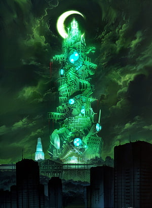 Tartarus Tower in Persona 3: Glowing Green Babel Structure Under a Crescent Moon HD phone wallpaper