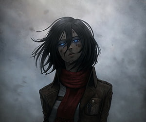 Mikasa Ackerman from Attack on Titan in a moody anime portrait with glowing blue eyes and a red scarf, Attack on Titan, Mikasa Ackerman, anime, fan art HD wallpaper
