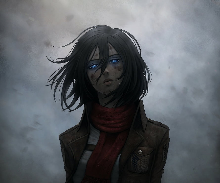 Mikasa Ackerman from Attack on Titan in a moody anime portrait with glowing blue eyes and a red scarf, Attack on Titan, Mikasa Ackerman, anime, fan art HD wallpaper
