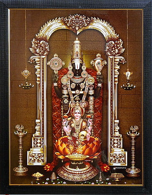 Lord Ayyappa and Goddess Bhadrakali Temple Artwork with Golden Arch and Oil Lamps HD phone wallpaper