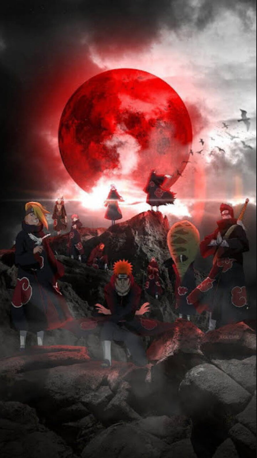 Akatsuki members gathered on rocky terrain under a massive red moon HD phone wallpaper