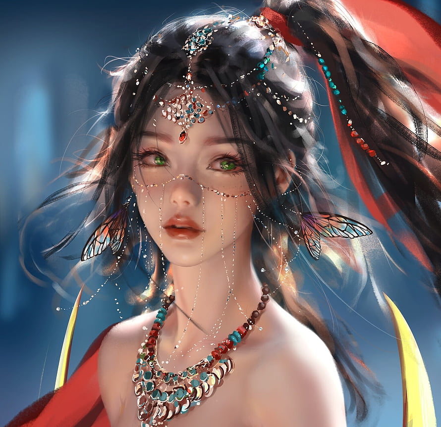 Fantasy Portrait of a Beautiful Woman with Green Eyes, Jeweled Headpiece, and Butterfly Earrings, Sunshine, gorgeous, face, girl, princess, frumusete, art, jewel, superb, wlop, fantasy, red, luminos HD wallpaper
