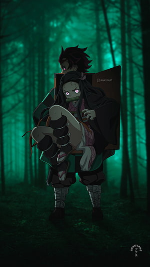 Tanjiro Kamado Carrying Nezuko in a Dark Forest from Demon Slayer Kimetsu no Yaiba Anime Wallpaper HD phone wallpaper