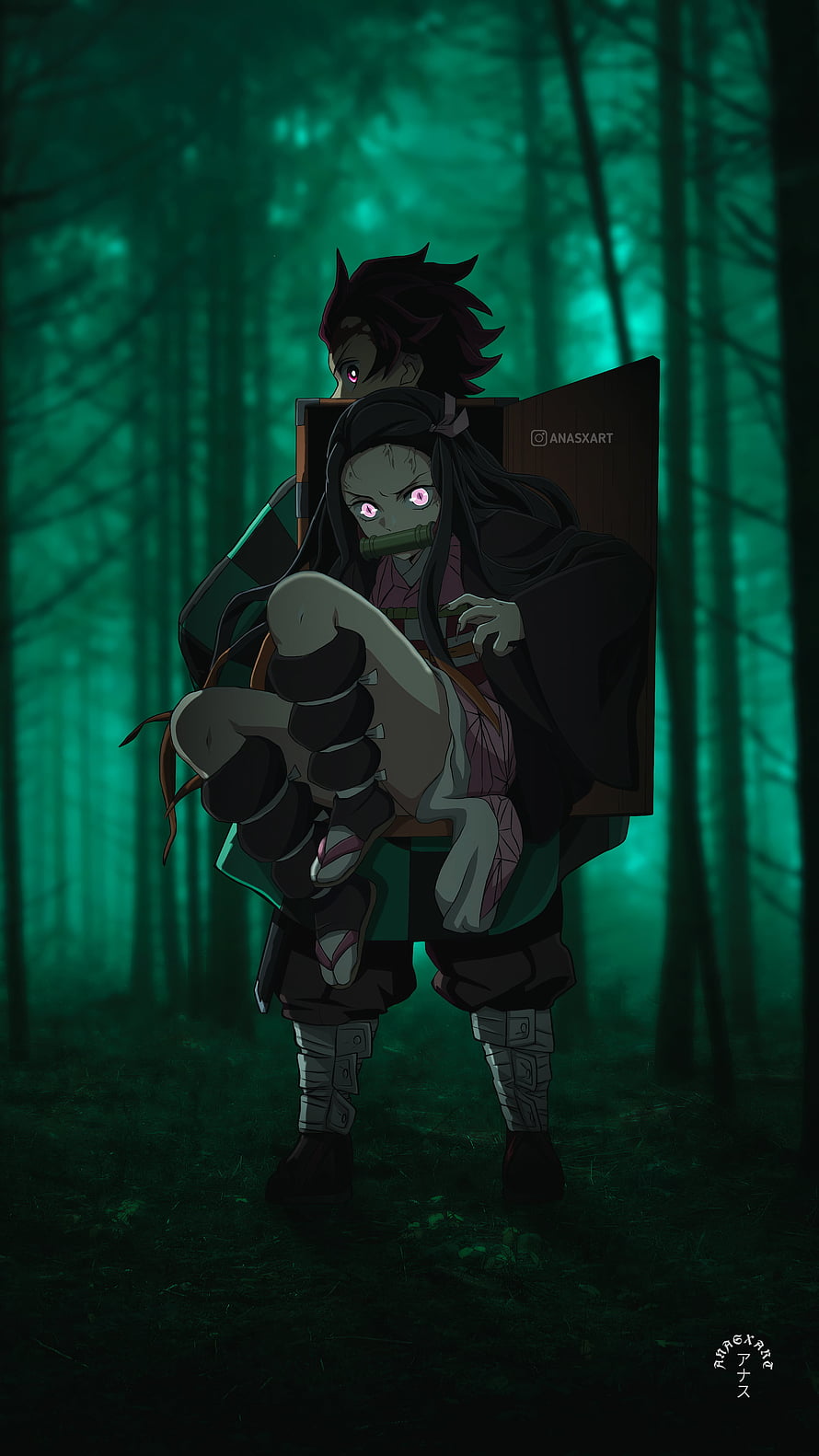Tanjiro Kamado Carrying Nezuko in a Dark Forest from Demon Slayer Kimetsu no Yaiba Anime Wallpaper HD phone wallpaper