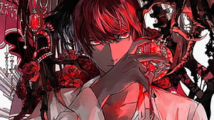 Light Yagami from Death Note in a dramatic red and black anime illustration with roses and ornate jewelry HD wallpaper