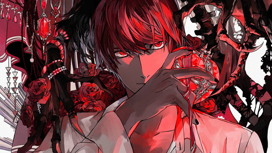 Light Yagami from Death Note in a dramatic red and black anime illustration with roses and ornate jewelry HD wallpaper