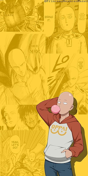 Saitama from One Punch Man Blowing Bubblegum in Red Hoodie Against Manga Panel Background, One punch man saitama, Anime HD phone wallpaper