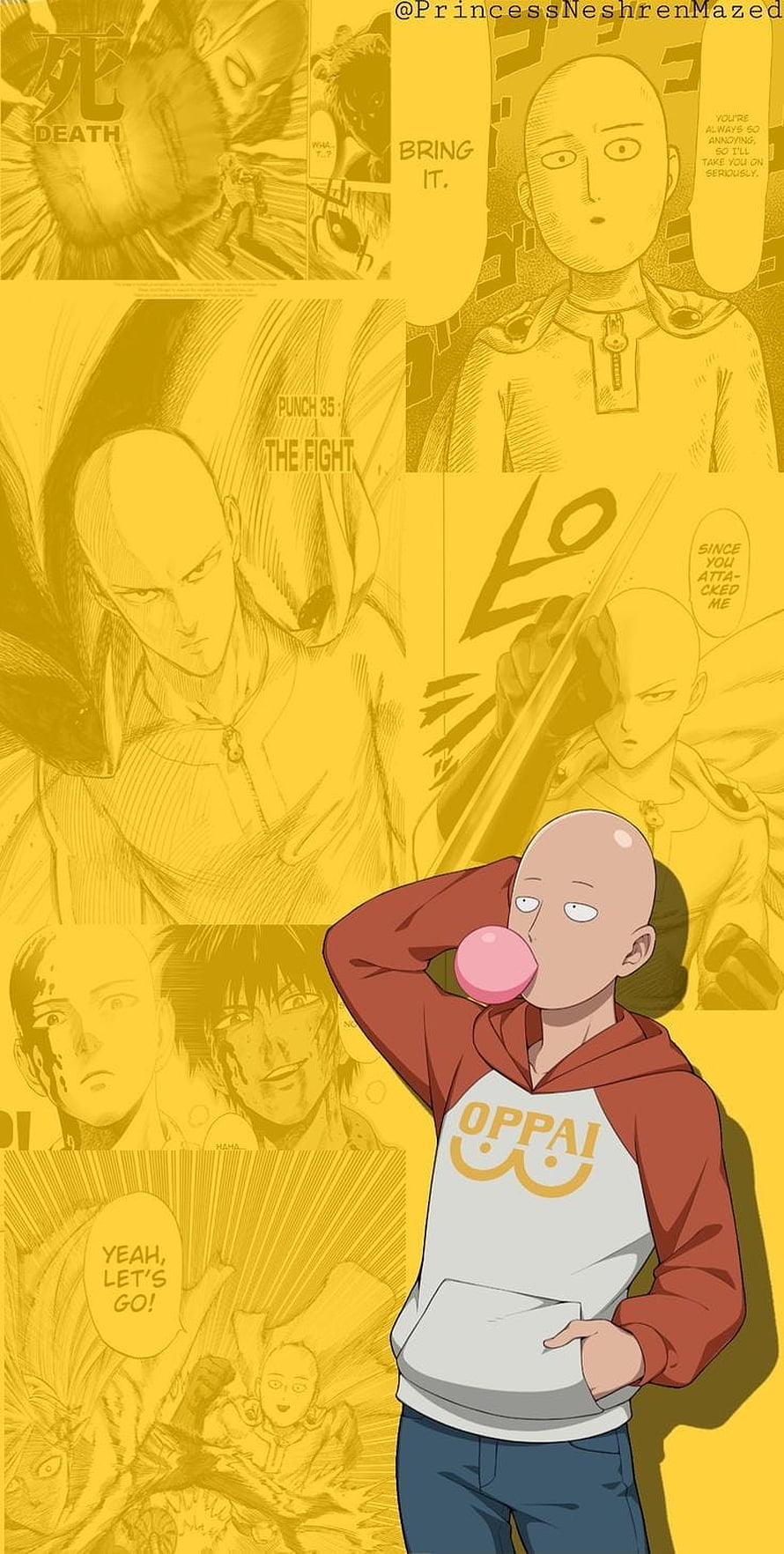 Saitama from One Punch Man Blowing Bubblegum in Red Hoodie Against Manga Panel Background, One punch man saitama, Anime HD phone wallpaper