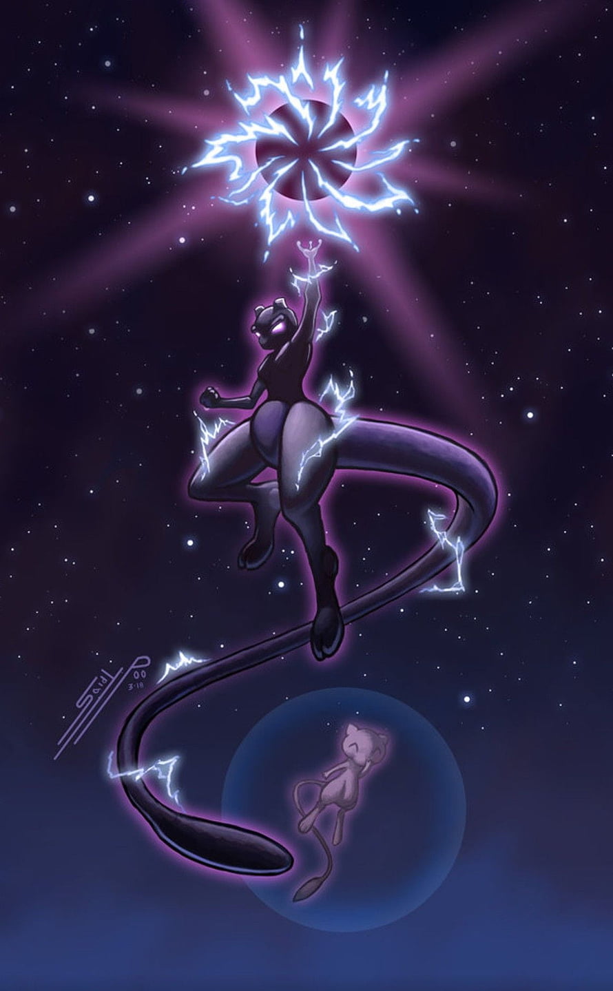 Mewtwo and Mew in Cosmic Space with Electric Energy and Starry Background HD phone wallpaper