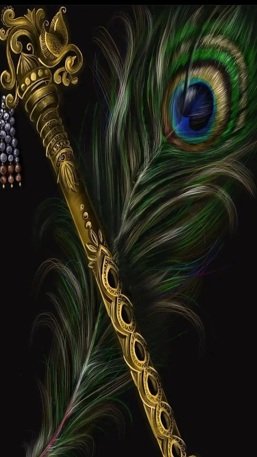 Ornate Golden Scepter With Peacock Feather And Beaded Tassel On Black Background HD phone wallpaper