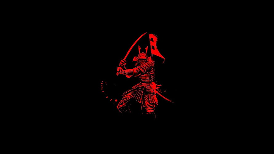 Red Samurai Warrior With Katana And Banner On Black Background HD wallpaper