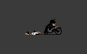 Minimalist Cartoon of a Biker Riding Over a Flattened Penguin on a Dark Gray Background HD wallpaper