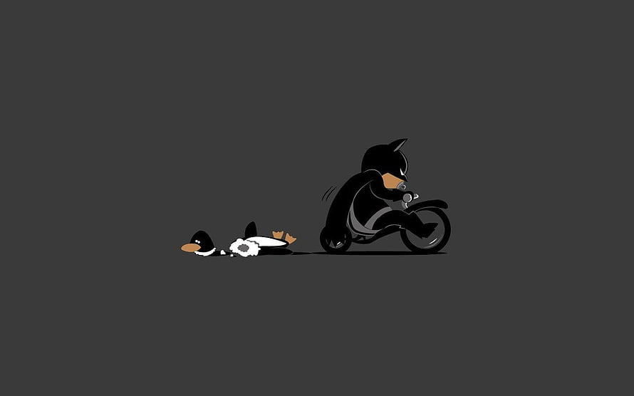 Minimalist Cartoon of a Biker Riding Over a Flattened Penguin on a Dark Gray Background HD wallpaper