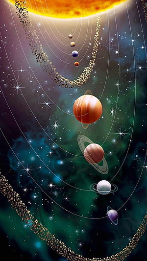 Illustration of the Solar System with Planets, Asteroid Belt, and Stars HD phone wallpaper