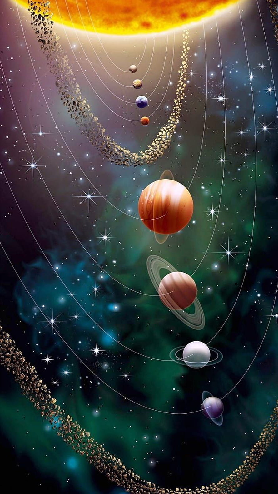 Illustration of the Solar System with Planets, Asteroid Belt, and Stars HD phone wallpaper
